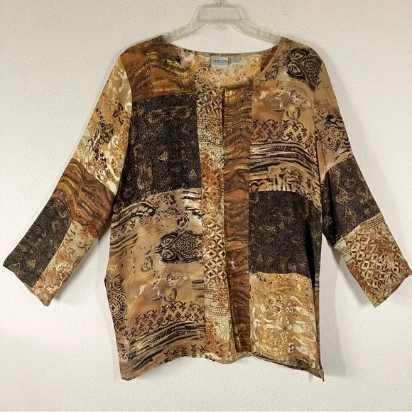 CHICO'S Patchwork Tunic Blouse L Linen Silk Dressy Beads Artsy Lagenlook Resort - Picture 14 of 14